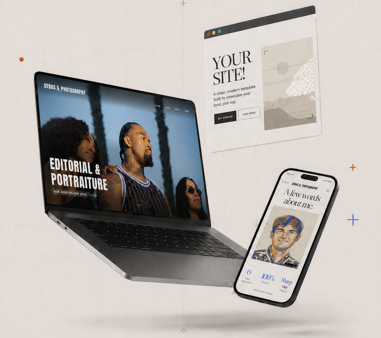 Device mockups showing Carson Powell's work